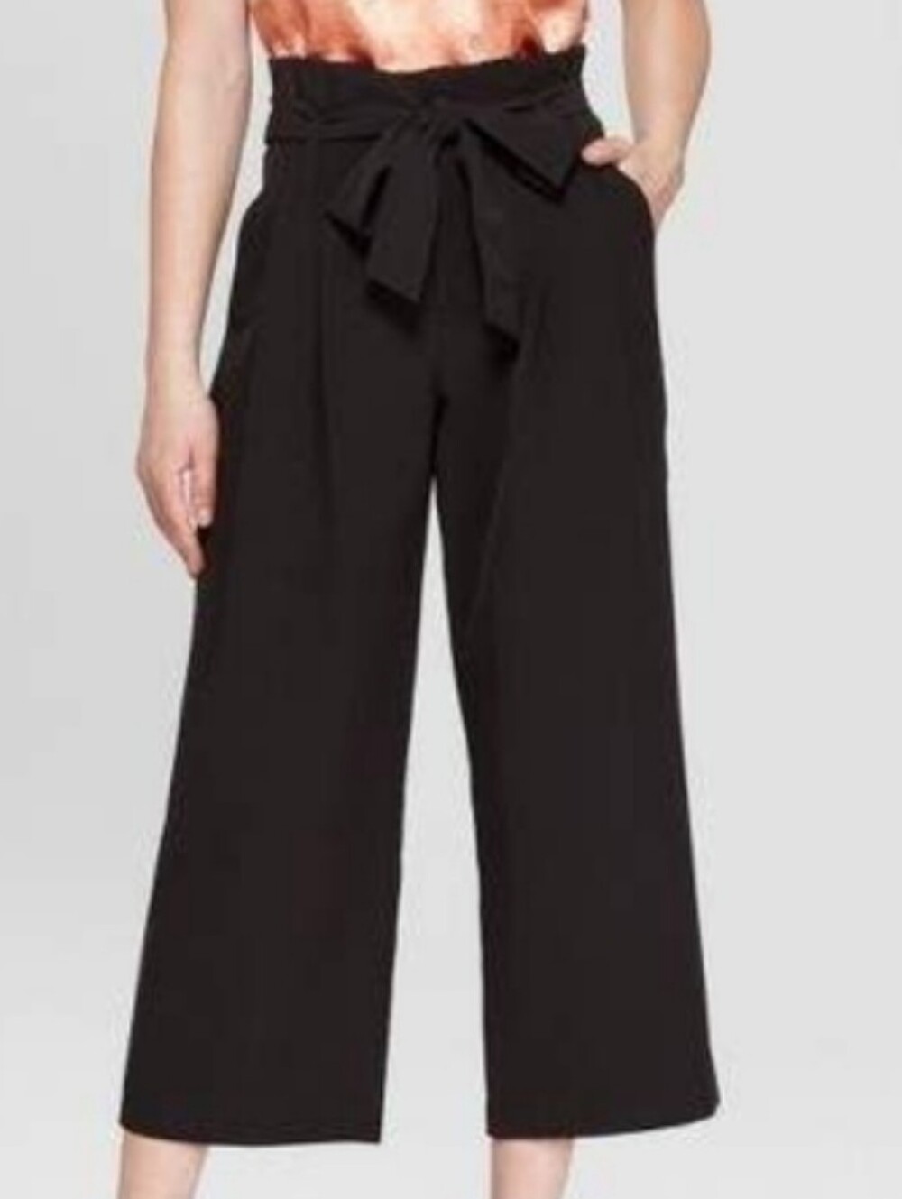 Women's A New Day Black Large High Waist Tie Wide Leg Cropped Pants
